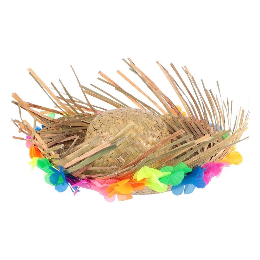 7760 Beach Straw Hat with Floral Trim - Hawaiian Fancy Party Hat for Summer
